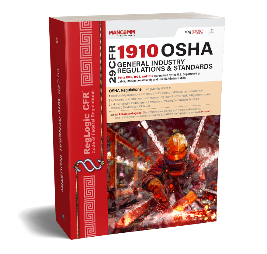 Book titled '29 CFR 1910 OSHA General Industry Regulations & Standards' with a red and white cover featuring a worker in protective gear.