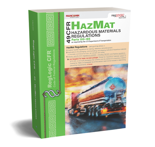 A cover image of a book titled 'Hazardous Materials Regulations, 49 CFR Parts 100-185, Mar 2025' featuring an illustration of a hazardous materials transport vehicle.