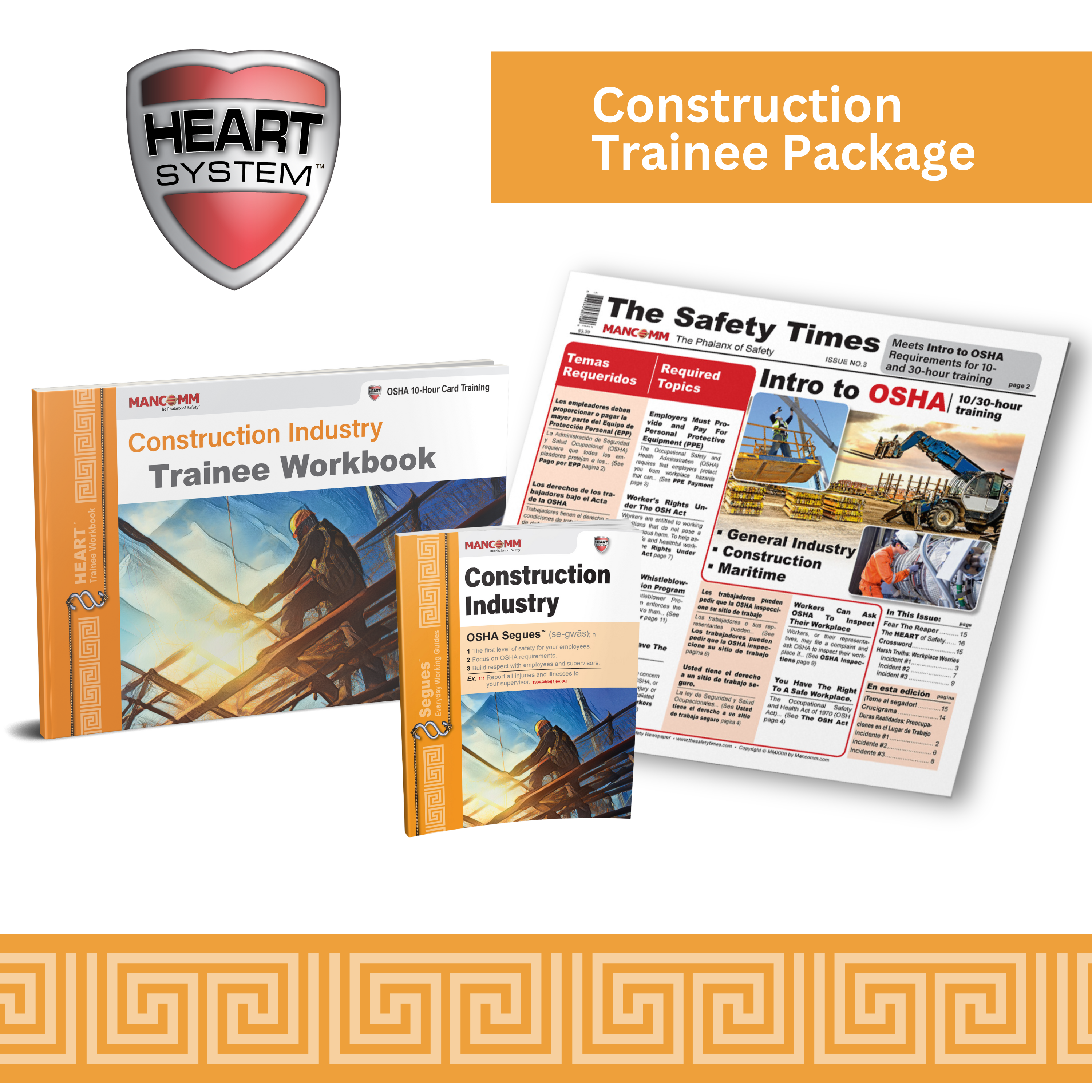 Product image for HEART Construction Trainee Package, showing a workbook and a newspaper with safety-themed headlines.
