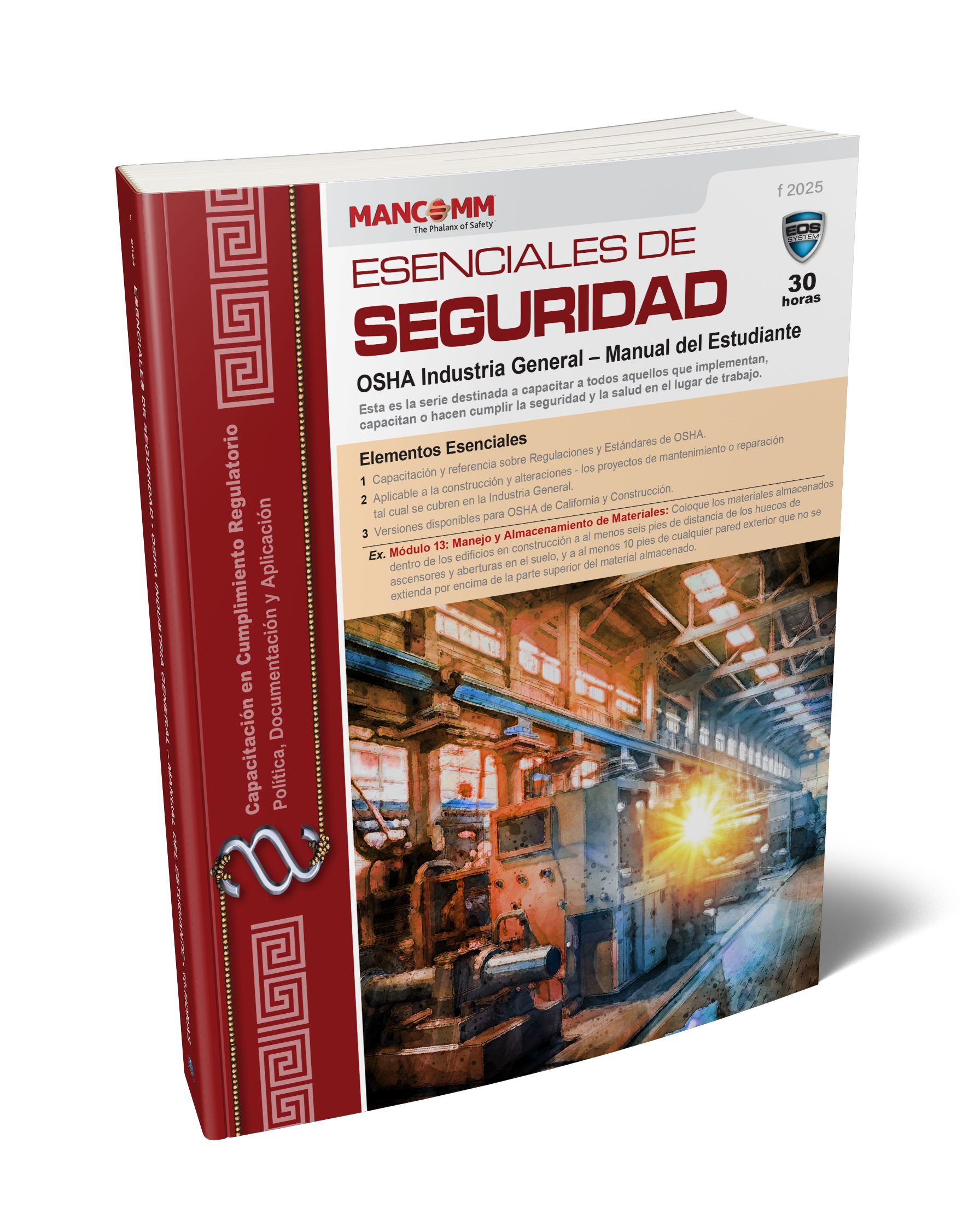 Cover of the ' Essentials of Safety: OSHA General Industry - Manual del Estudiante' showing an industrial facility and the Mancomm logo.