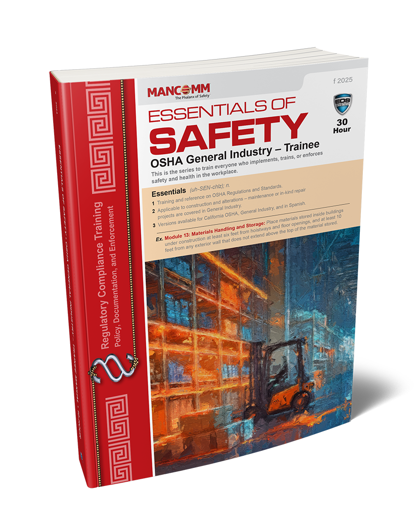 A cover image of 'Essentials of Safety: OSHA General Industry - Trainee' book with red and blue cover design, including the Mancomm logo and title information.