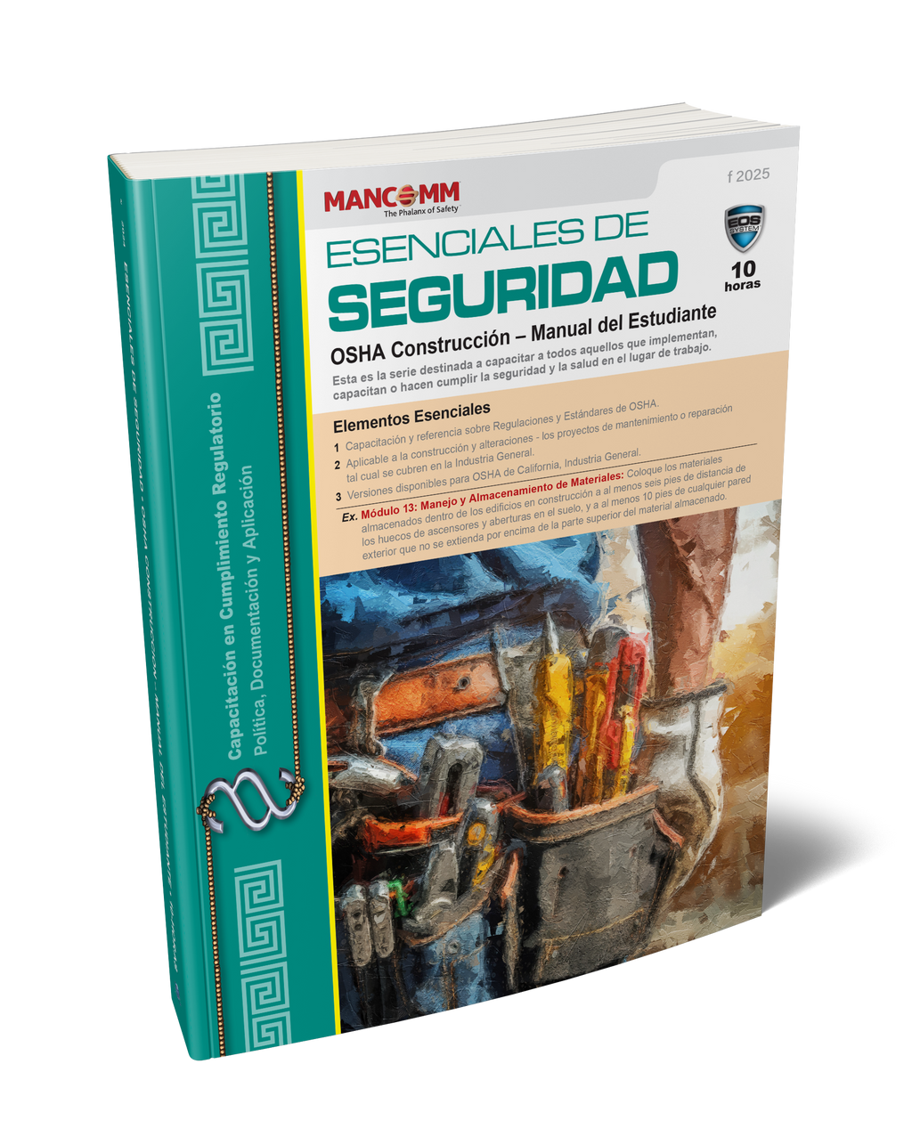 Cover of the ' Essentials of Safety: OSHA Construction' manual in Spanish, with a green and white color scheme, including an image of construction equipment and a safety helmet.