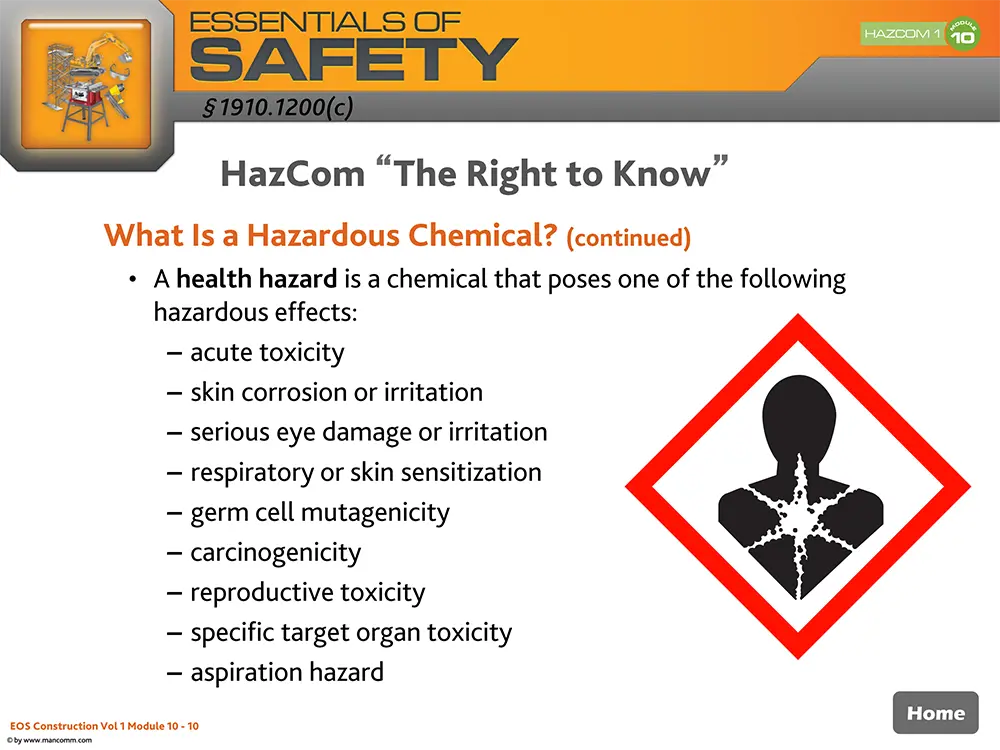 Safety training slide about hazardous chemicals with a warning symbol.