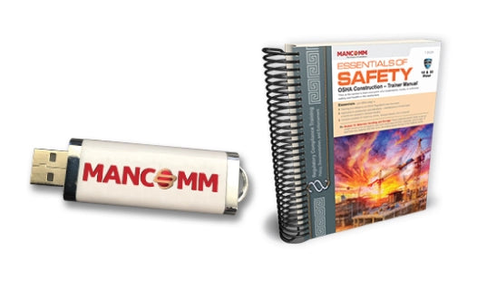 USB drive and spiral-bound book with 'Mancomm' branding on a white background