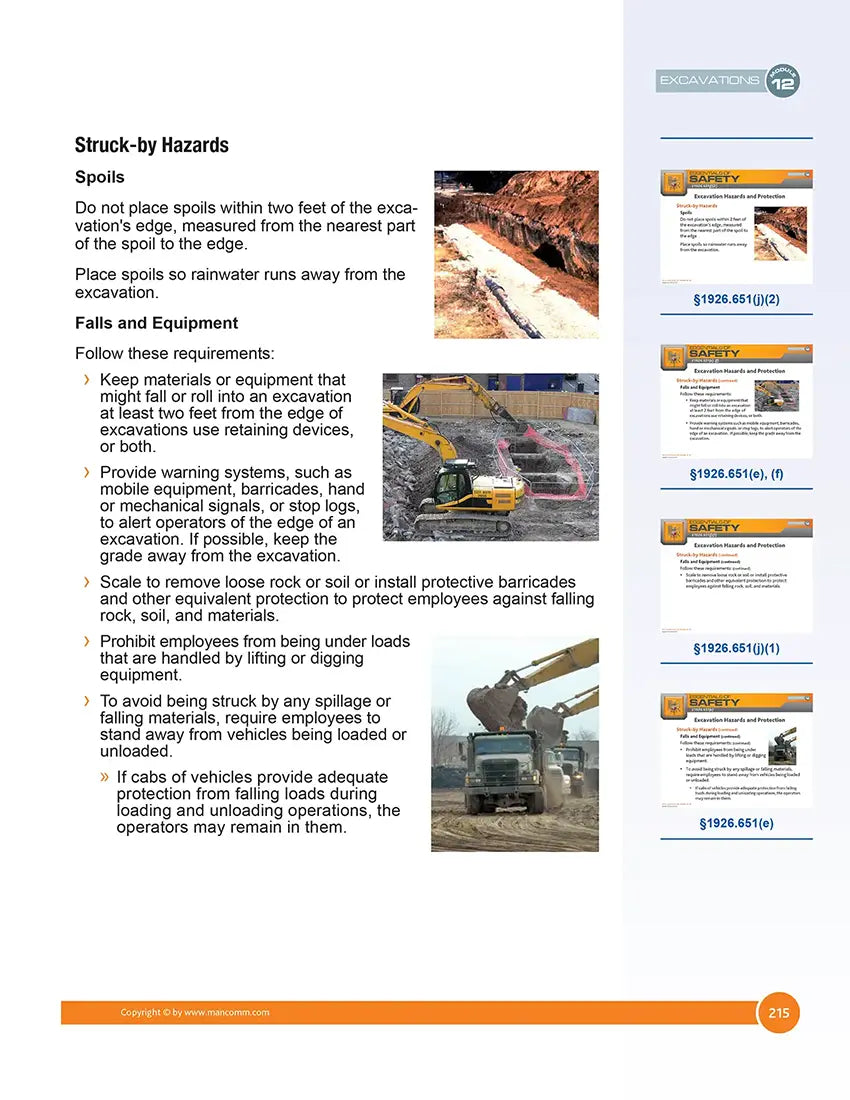 Safety guidelines for construction hazards on a white background with text and images.