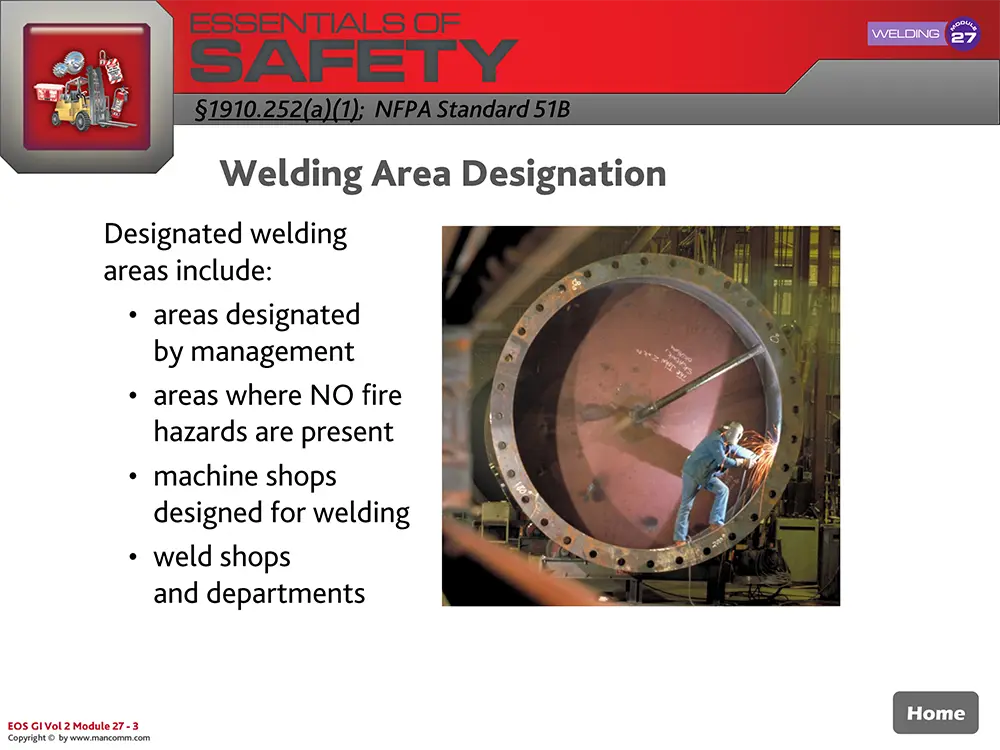 Safety training slide about welding area designation with a welder in a machine shop.