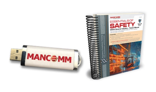 USB drive and book titled 'Essentials of Safety' by Mancomm on a white background