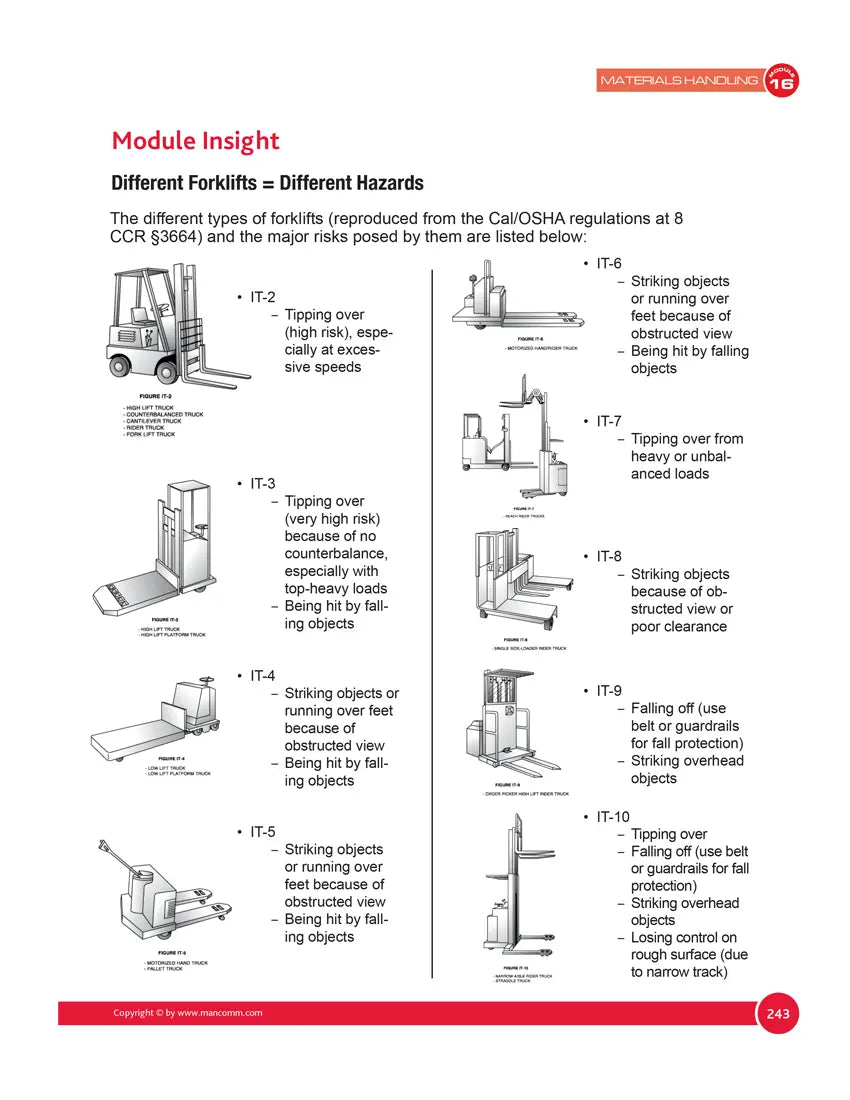 Diagram of different types of forklifts and their hazards, sourced from Cal/OSHA regulations.