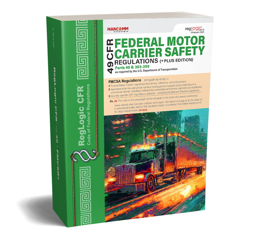 Book titled 'Federal Motor Carrier Safety Regulations' with a truck on the cover, published by Mancomm.