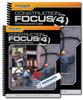 OSHA Construction Focus 4 training materials, including an instructor guide and a student handbook, with visible text and images related to construction safety.

