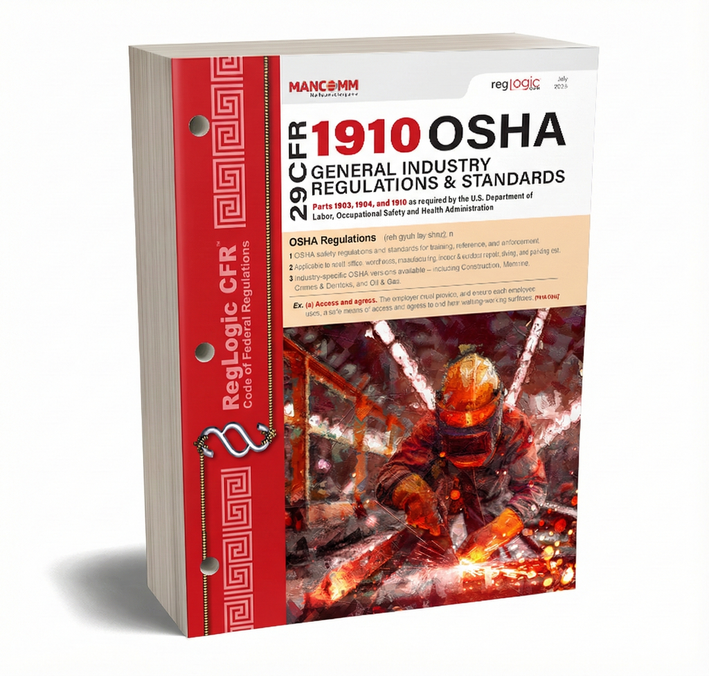 Book titled '29 CFR 1910 OSHA General Industry Regulations & Standards' with a red and white cover featuring an image of a worker.