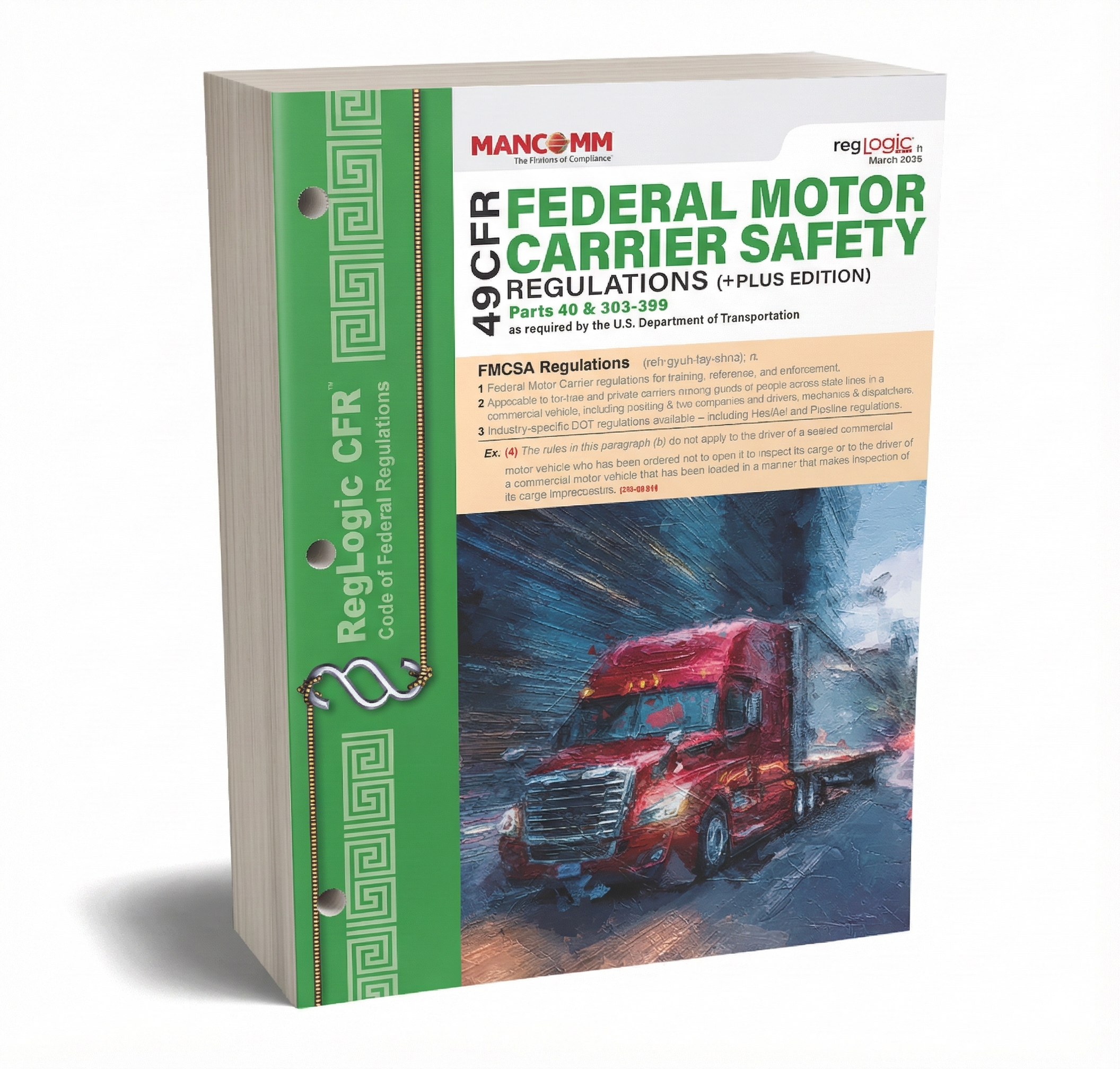 Book titled 'Federal Motor Carrier Safety Regulations' with a red truck on the cover, published by MANCOMM.