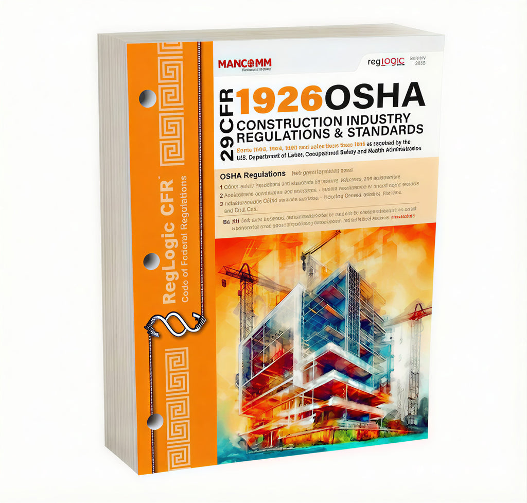 Book titled 'OSHA 1926 Construction Industry Regulations & Standards' by Mancom on a white background
