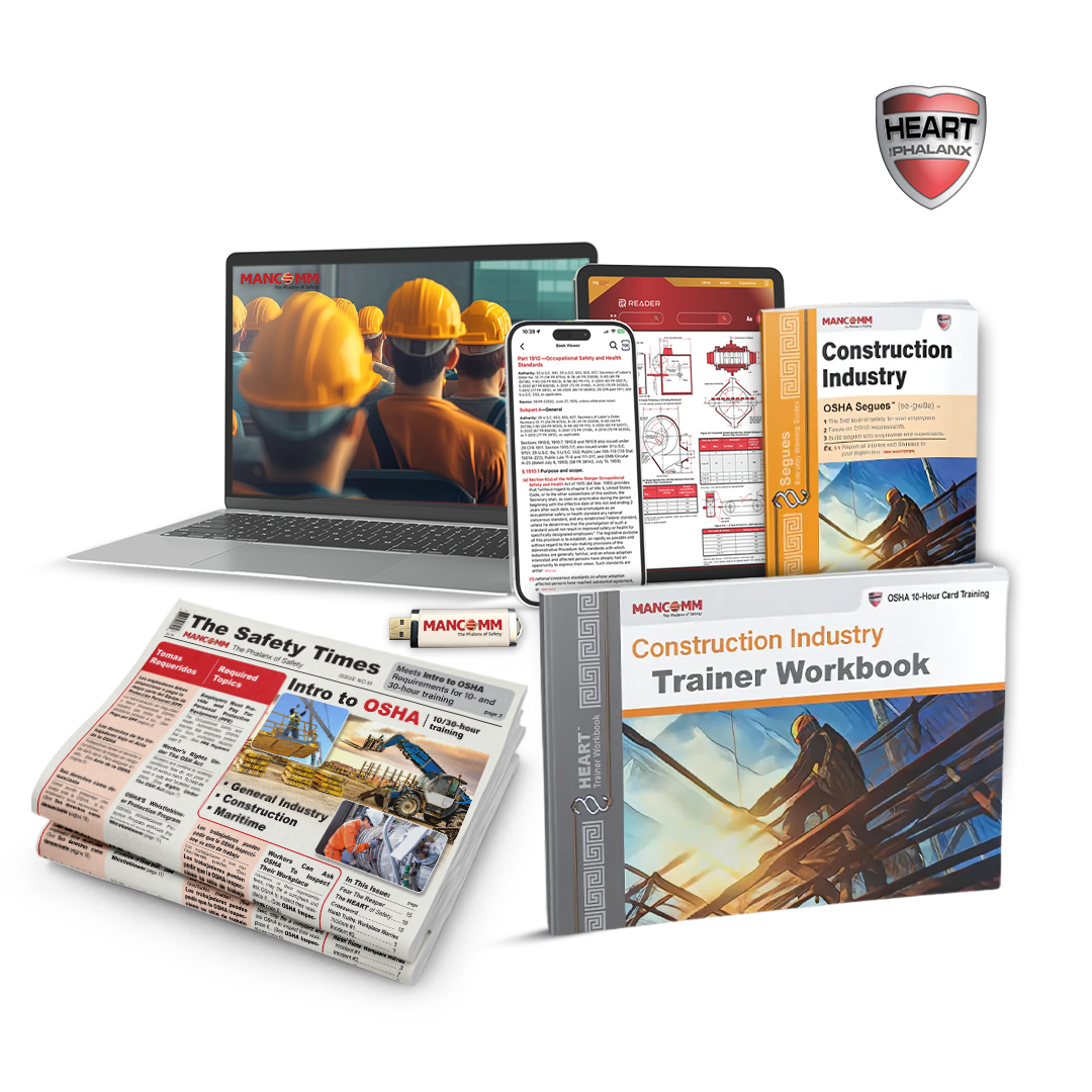 Collection of construction industry training materials including a laptop, books, and a newspaper on a white background.