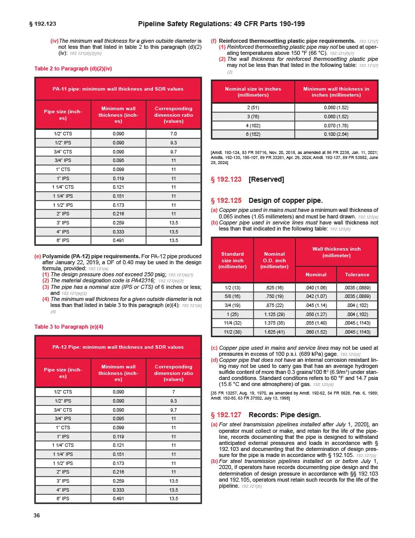 Technical document with tables and text on pipeline safety regulations
