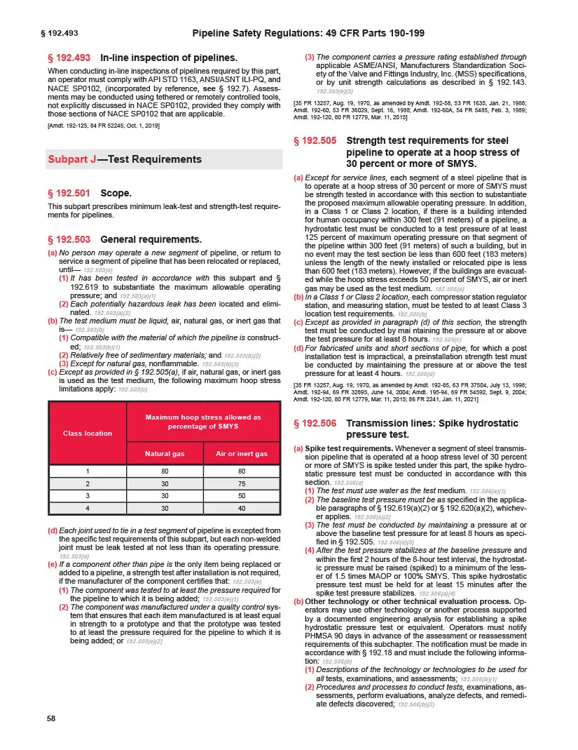 Page from a technical manual or regulation book with text and tables on pipeline safety regulations.
