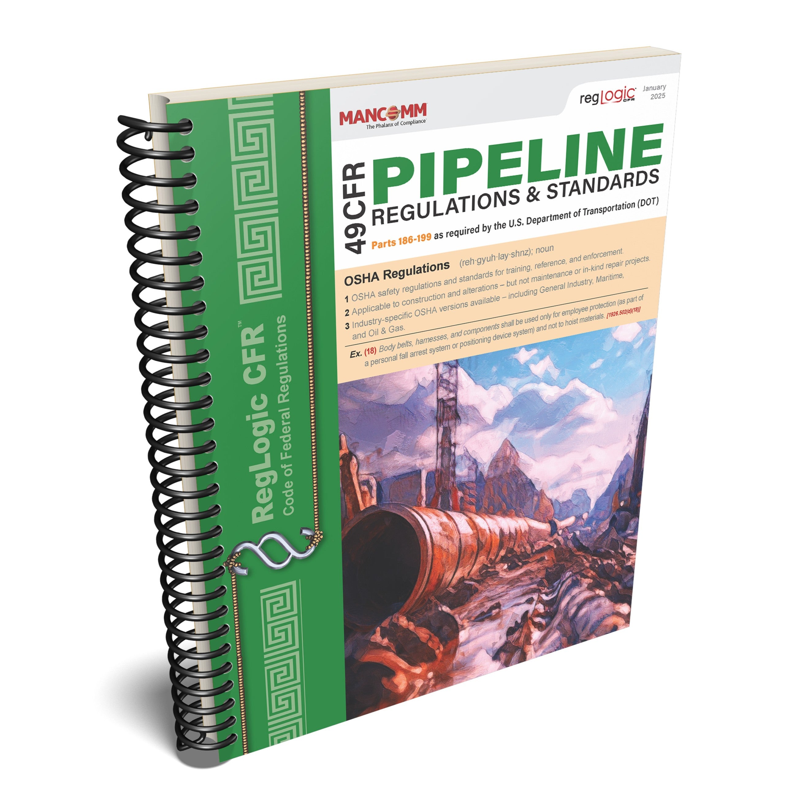 Book titled '49 CFR Pipeline Regulations & Standards' with a green cover and spiral binding.
