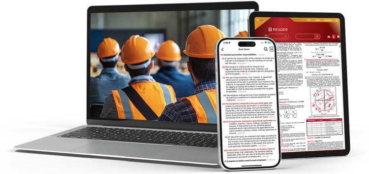 Laptop, tablet, and smartphone displaying safety training materials on a white background